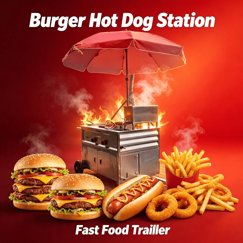 Street Food Snacks - Mobiler Imbisswagen, abschleppbarer Hot-Dog-Wagen mit Arbeitstisch