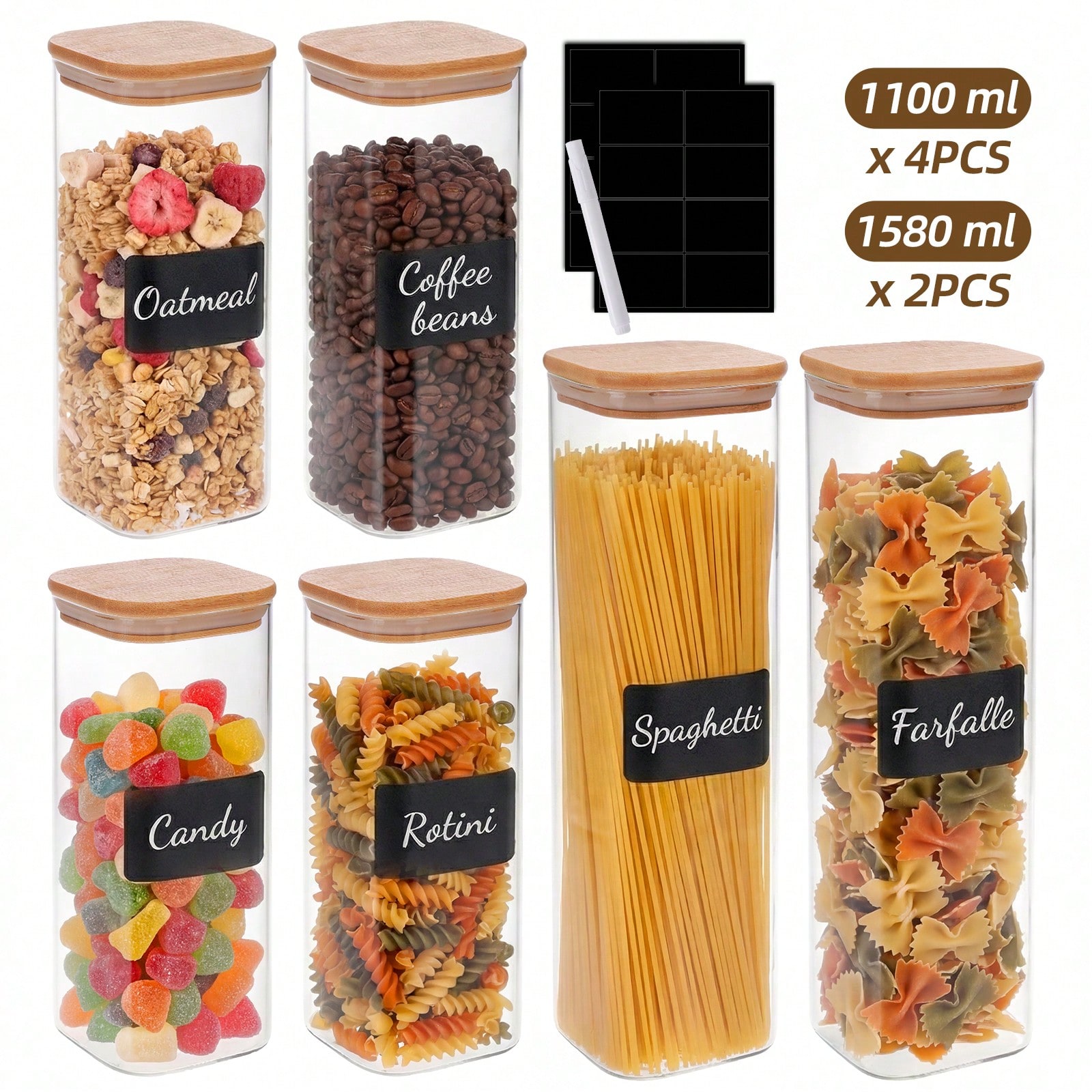 Food Snacks Label - Glasbehälter zur Lebensmittelaufbewahrung mit luftdichten Bambusdeckeln,