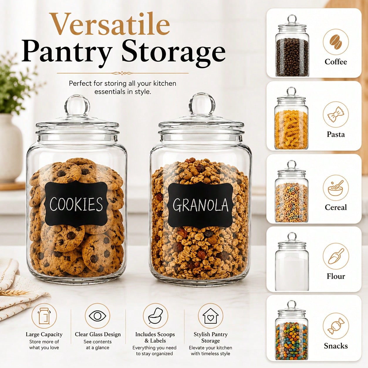 Food Snacks Label - 2-teiliges Set aus Glas-Vorratsgläsern mit Deckeln,